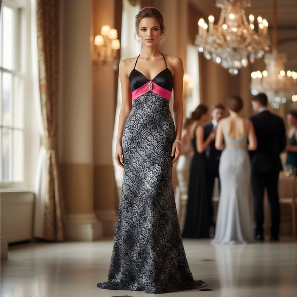 Blondie Nites ✦ Animal Print Strapless Gown ✦ Black & Pink Halter Prom Dress 3 - Picture 17 of 17